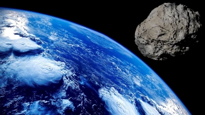 Die Erde mit einem Asteroiden